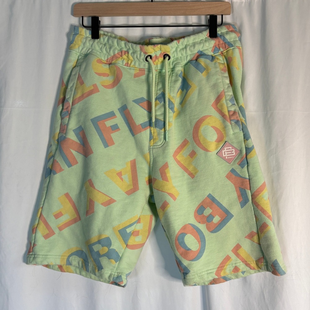 Born Fly Shorts Mens Large Green All Over Print Casual Drawstring Sweatshorts